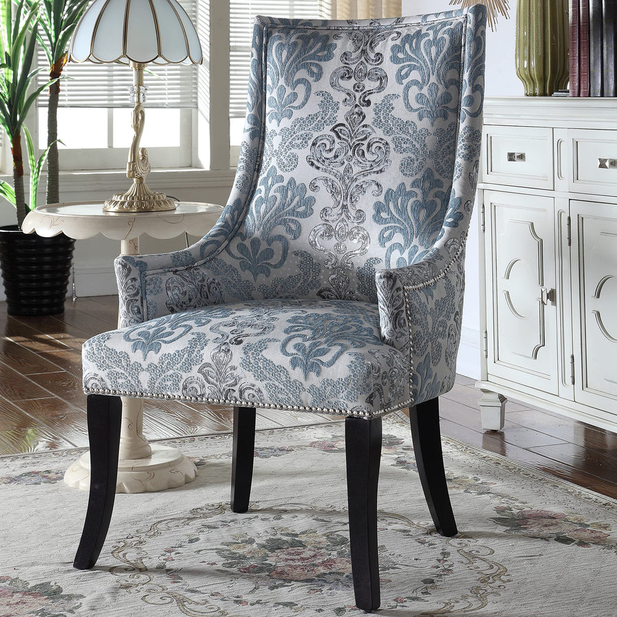 Audrey Damask Fabric Accent Chair in Blue, Grey, White