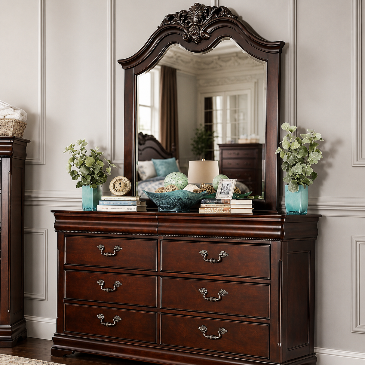 A dark brown wooden dresser with six drawers and ornate silver handles, topped with a large arched mirror. The dresser is styled in a bedroom setting with books, a lamp, and blue vases with flowers on a light gray paneled wall.