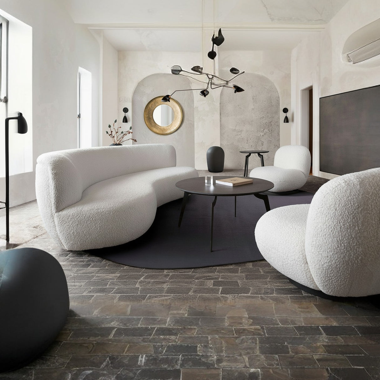 Simone Curved Sofa & Swivel Accent Chair in White Faux Sheepskin