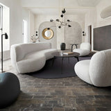 Simone Curved Sofa & Swivel Accent Chair in White Faux Sheepskin