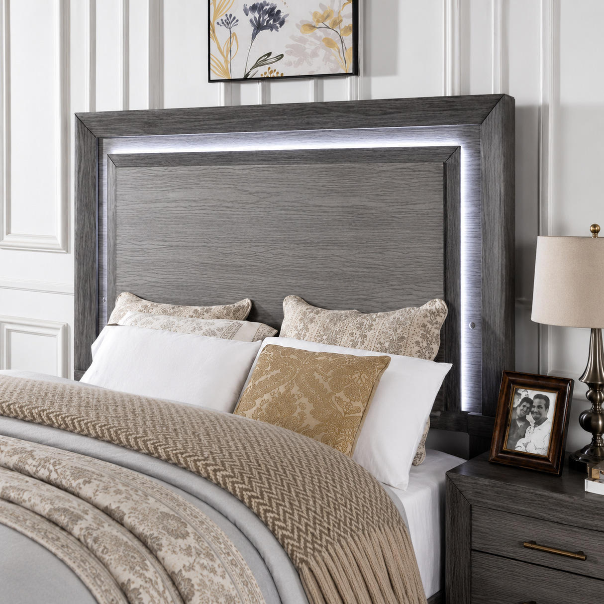 Raiden Queen Bedroom Set with Integrated LED Lighting and USB Charging - Transitional & Brushed Gray Finish