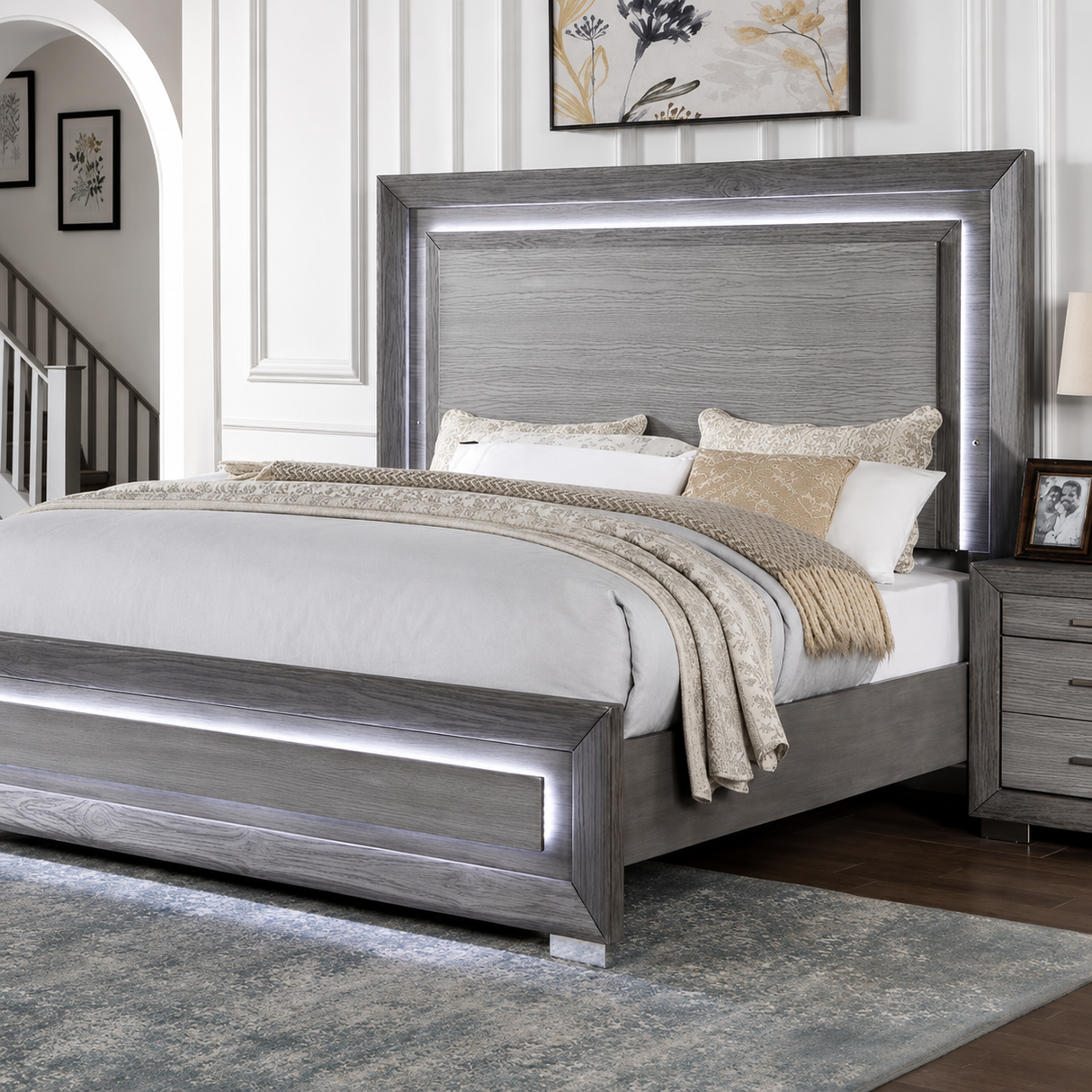 Raiden Queen Bedroom Set with Integrated LED Lighting and USB Charging - Transitional & Brushed Gray Finish