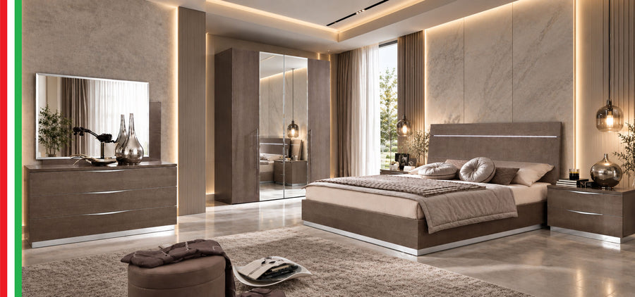 Kroma Modern Italian Bed Collection by Camelgroup - King Bed with Dimmable Lighting in Silver Birch or 48" Beds in Sand Birch | Made in Italy