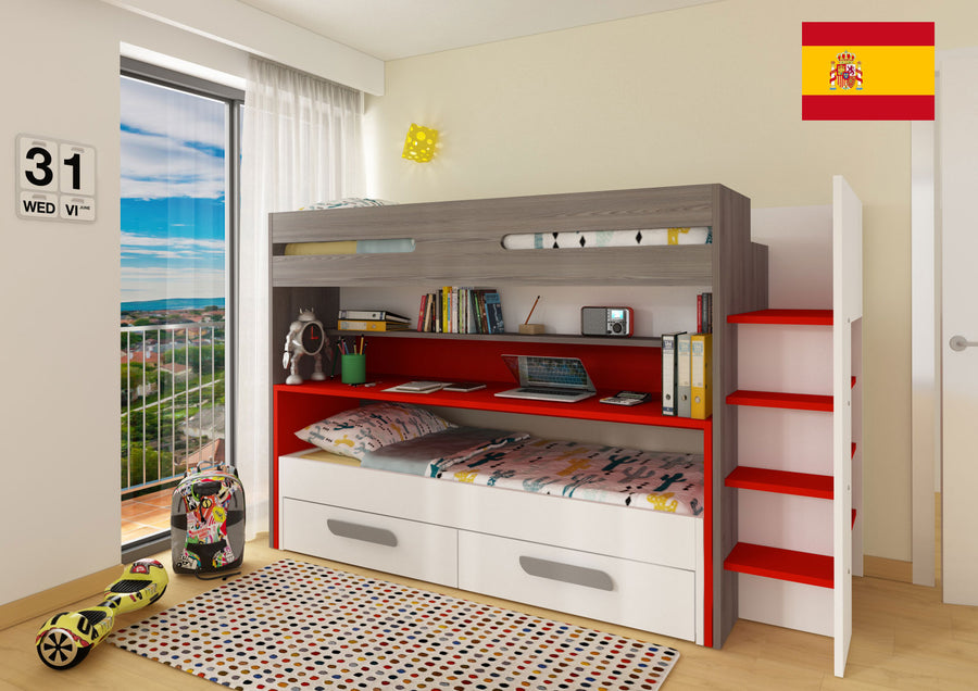 BO10 Kids Twin Bunk Bed with Pull-Out Desk & Pull-Out Bed by Trasman | Made in Spain