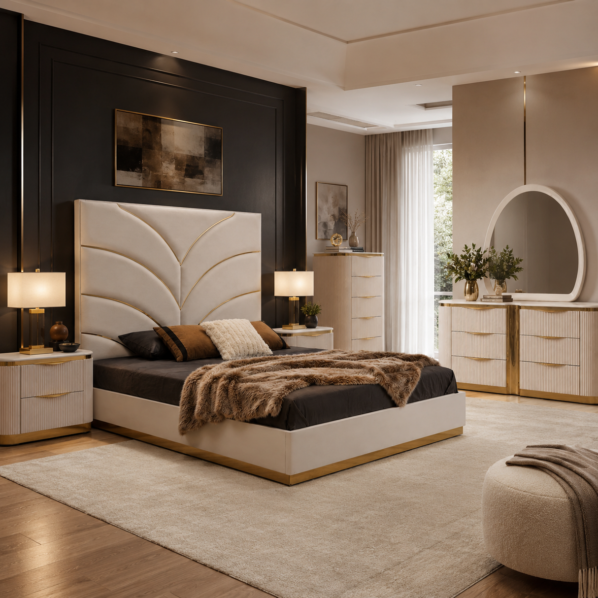 Laura Glam White and Gold Velvet Upholstered Bedroom Set - Contemporary Glam & Master Suite Furniture