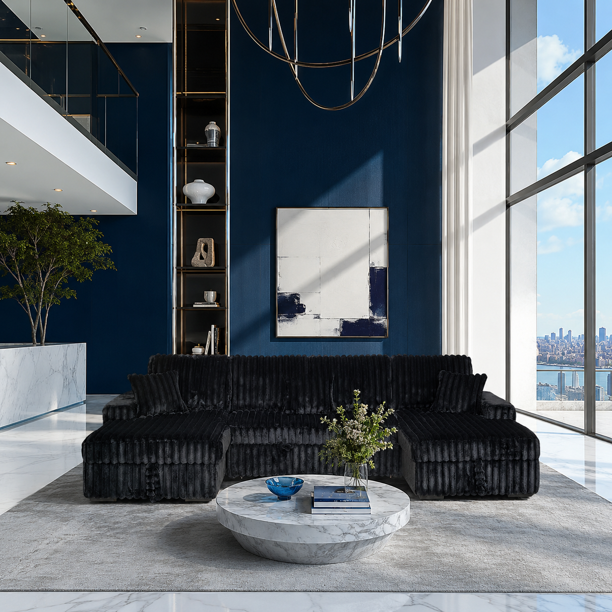 A modern black velvet sectional sofa in a luxury living room setting with a dark blue accent wall, marble coffee table, and city view windows.