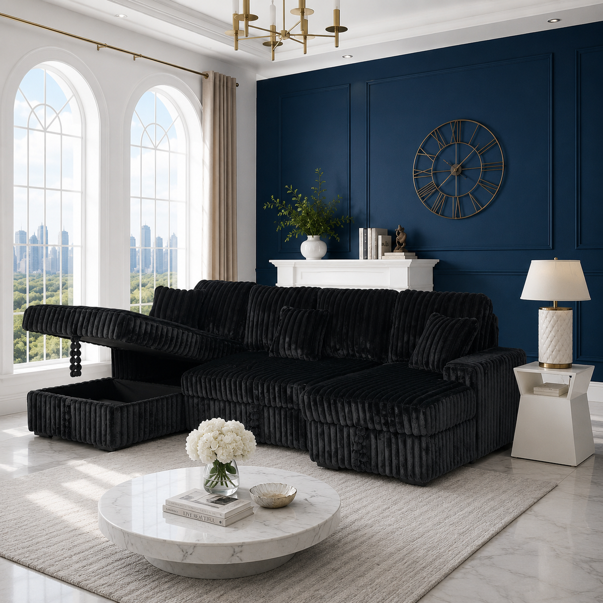 A luxurious black velvet sectional sofa with a chaise lounge and matching ottoman, set in a modern living room with a deep blue accent wall, marble coffee table, and large arched windows.