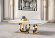 FOAK Tamara coffee table set featuring white marble tops and intertwined polished chrome oval bases in a modern living room.