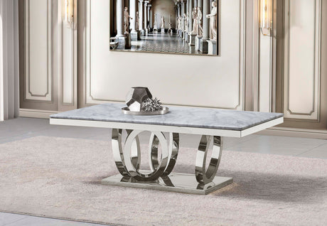 Close-up detail of the genuine marble surface and structural metal base of the FOAK Tamara living room set.
