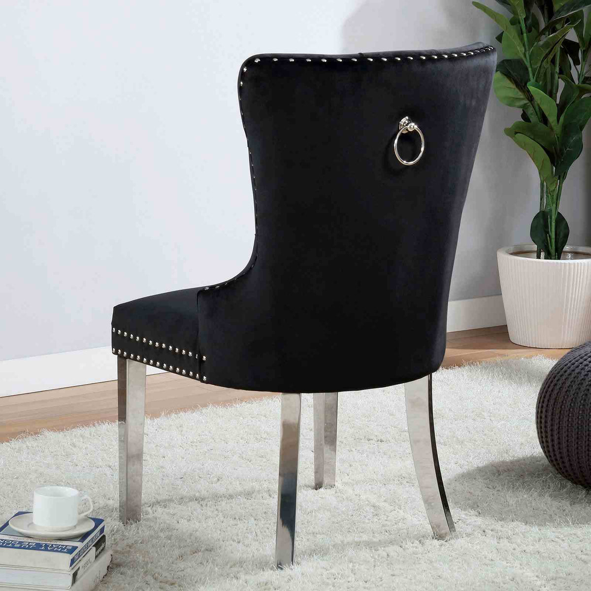 Jewett Wingback Dining Chairs (Set of 2) - Button Tufted Flannelette with Nailhead Trim & Chrome Legs – Black & Gray, view 4