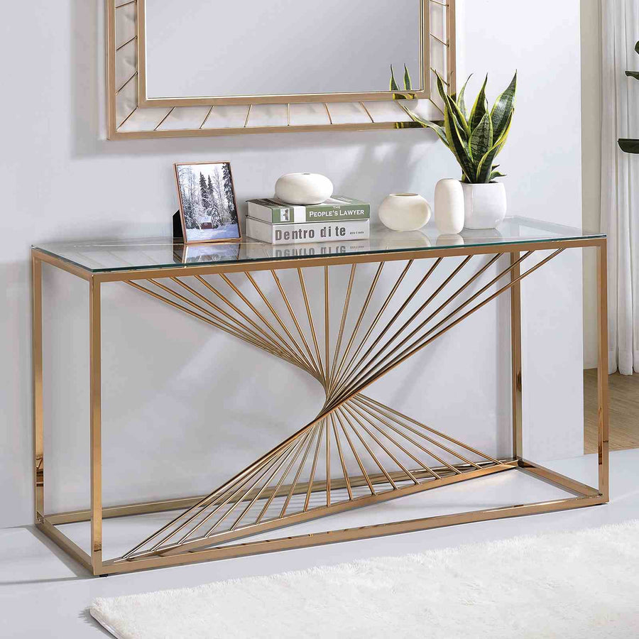 Sherbrooke Contemporary Sofa Table & Wall Mirror - Gold Metal with Tempered Glass