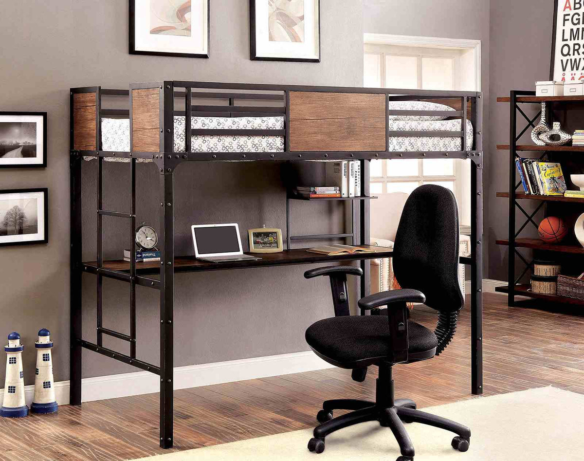 Clapton Industrial Metal & Wood Bunk and Loft Beds - Twin Loft Bed with Workstation
