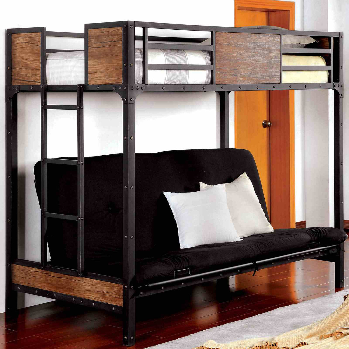 Clapton Industrial Metal & Wood Bunk and Loft Beds - Twin Loft Bed with Futon Base
