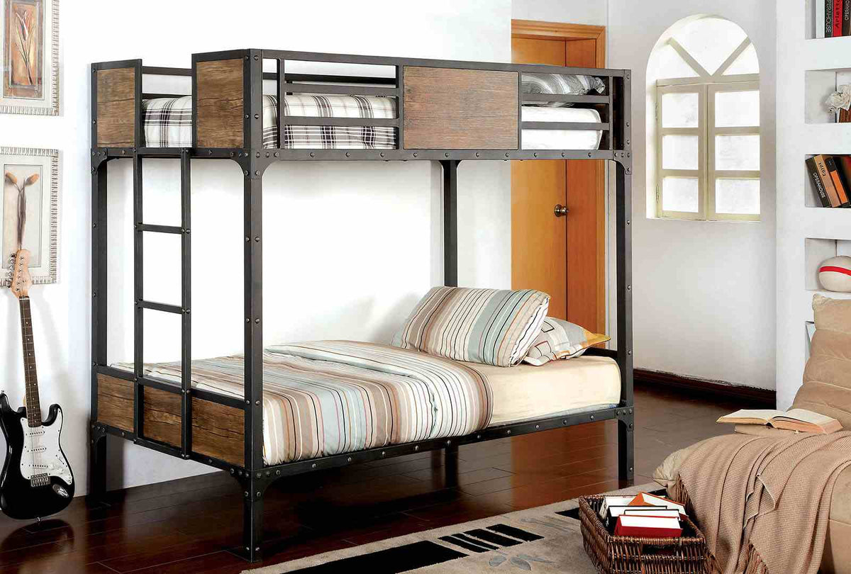 Clapton Industrial Metal & Wood Bunk and Loft Beds - Twin over Twin Bunk Bed