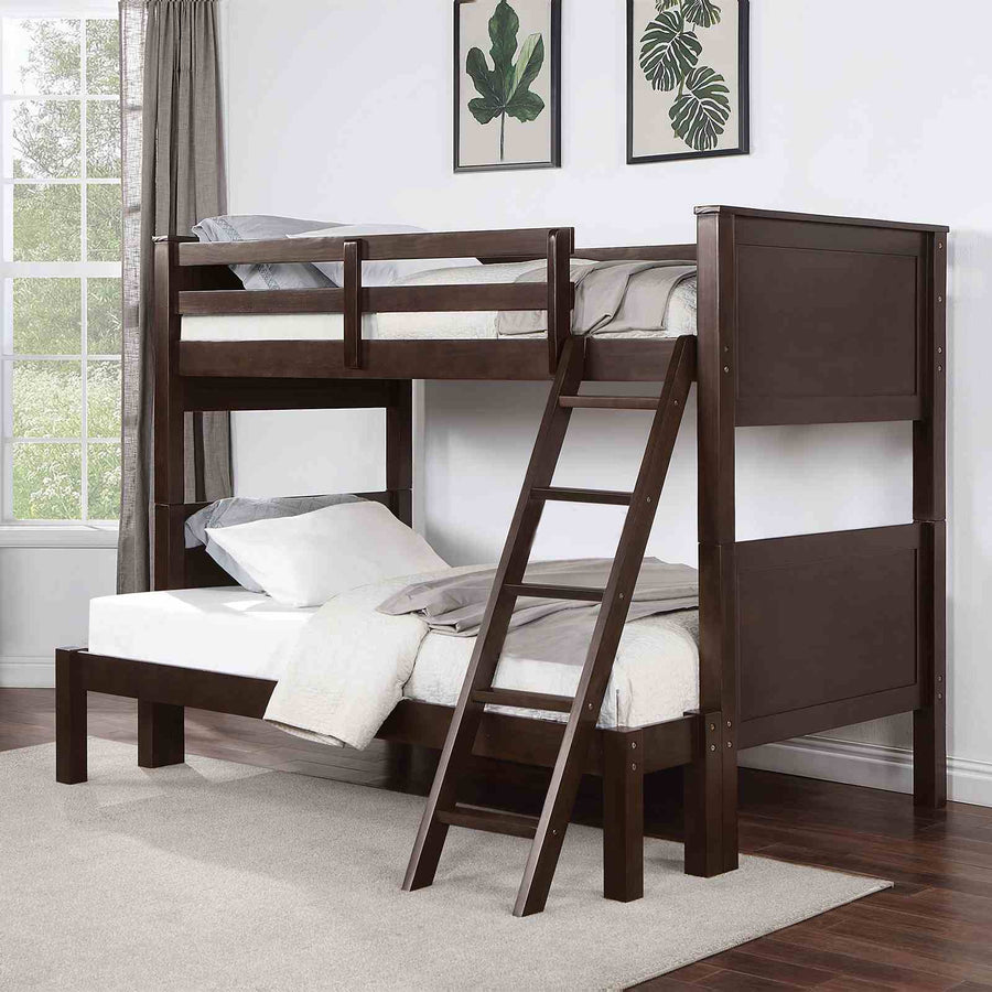 Stamos Transitional Twin over Full Bunk Bed - Solid Wood with Attached Ladder in Walnut