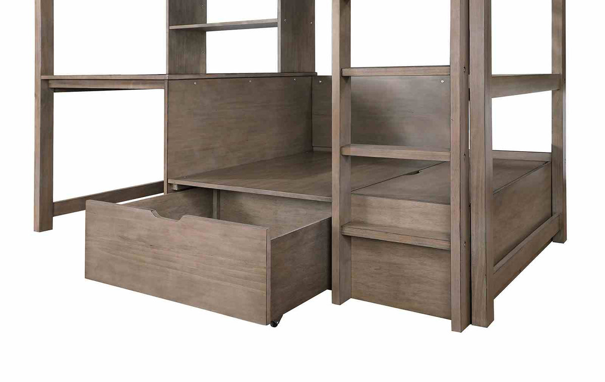 Callistus Twin Workstation Loft Bed with Bookcase, Storage & Seating - Transitional – Gray & White, view 3