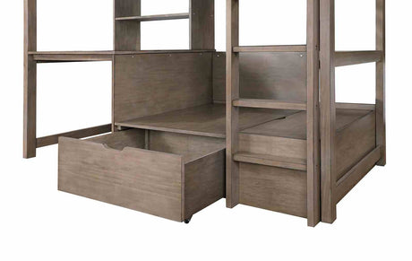 Callistus Twin Workstation Loft Bed with Bookcase, Storage & Seating - Transitional – Gray & White, view 3