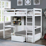 Callistus Twin Workstation Loft Bed with Bookcase, Storage & Seating - White