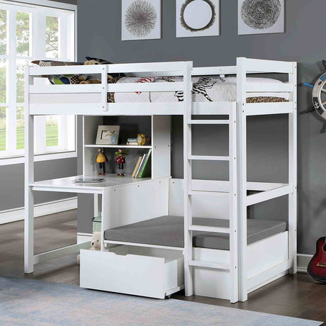 Callistus Twin Workstation Loft Bed with Bookcase, Storage & Seating - White