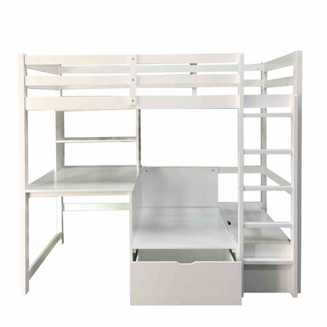 Callistus Twin Workstation Loft Bed with Bookcase, Storage & Seating - Transitional – Gray & White, view 7