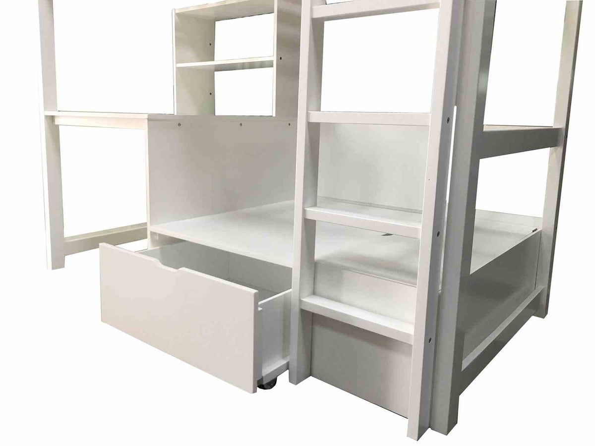 Callistus Twin Workstation Loft Bed with Bookcase, Storage & Seating - Transitional – Gray & White, view 6