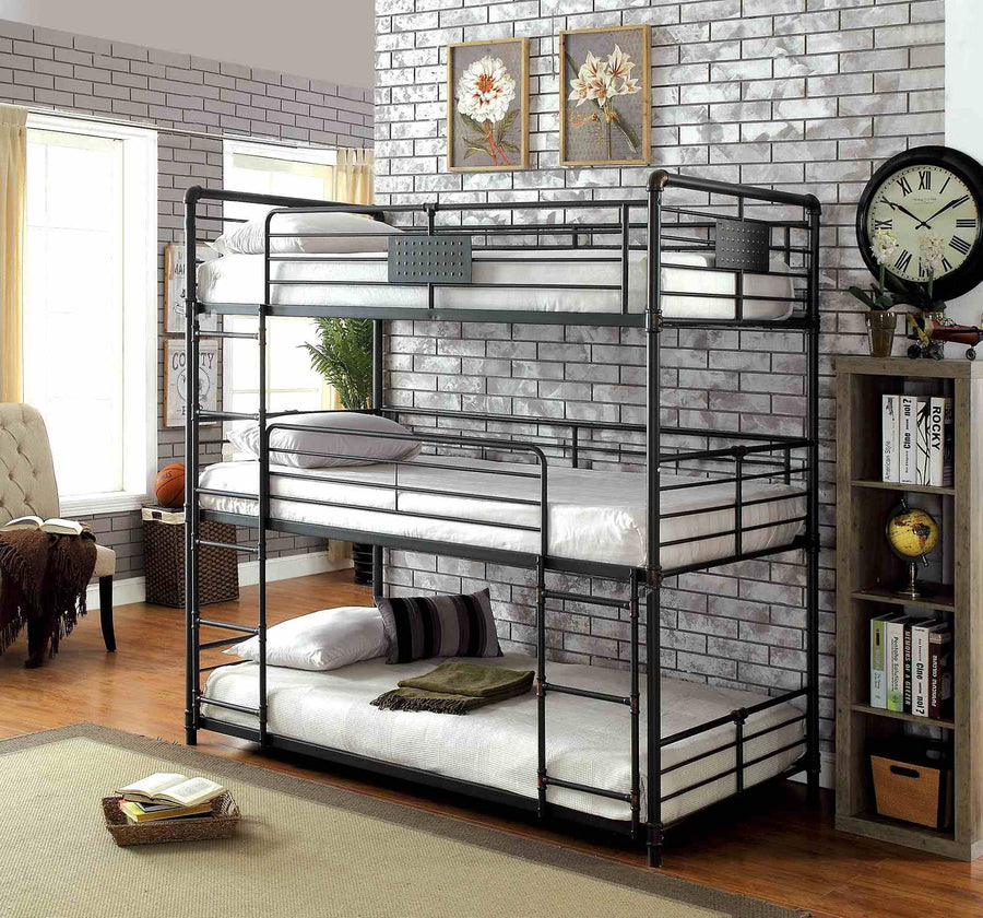 Olga Industrial Metal Bunk Beds - Triple Twin, Triple Full, Full over Full or Queen over Queen in Antique Black