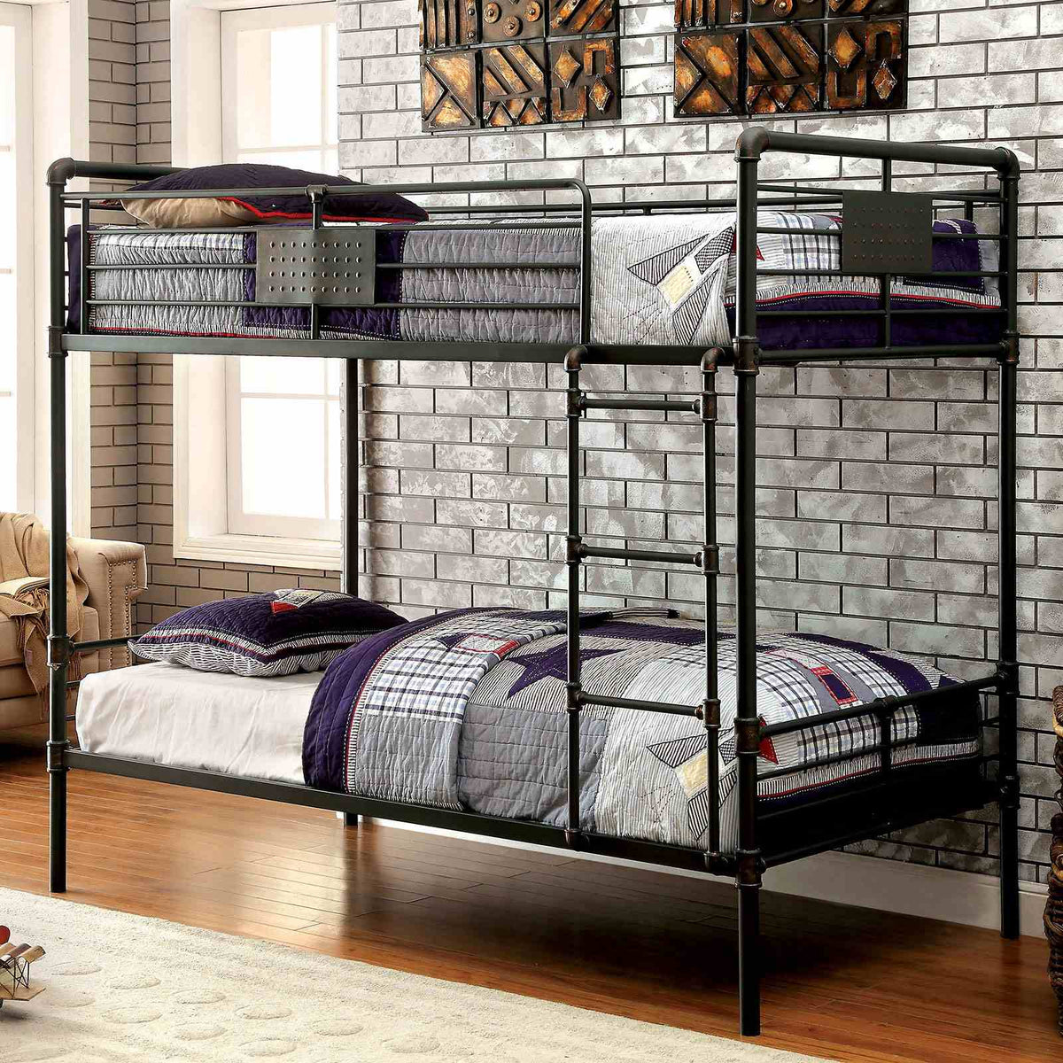 Olga Industrial Metal Twin over Twin Bunk Bed - Pipe-Inspired Frame & Antique Black with Copper Details – Black, view 3