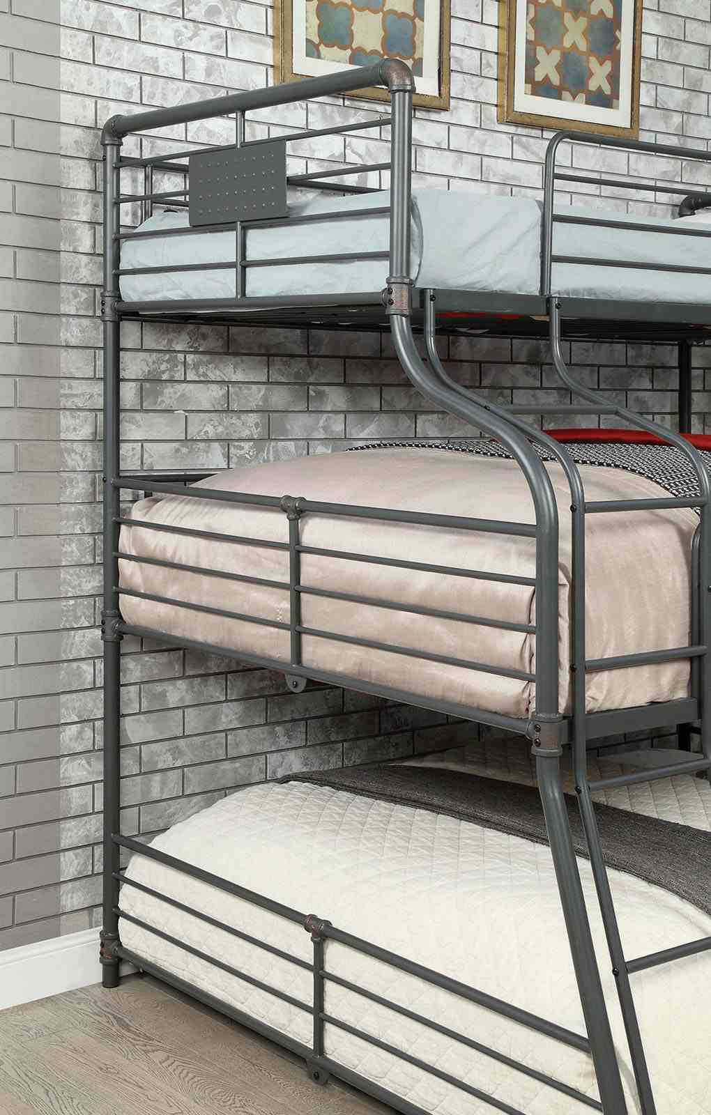 Olga Industrial Triple Bunk Bed - Twin over Full over Queen, Pipe-Style Metal in Antique Black – Black, view 2