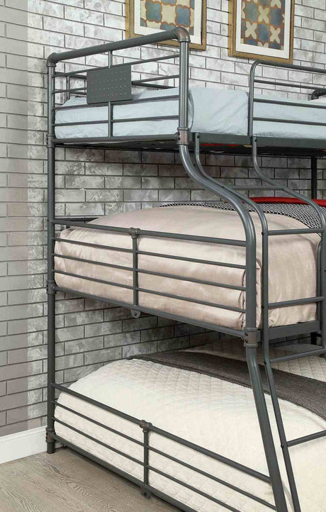 Olga Industrial Triple Bunk Bed - Twin over Full over Queen, Pipe-Style Metal in Antique Black – Black, view 2