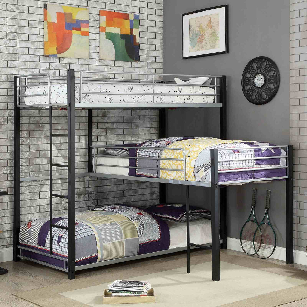 Aubrey Contemporary Metal Twin Triple Decker Bunk Bed - 