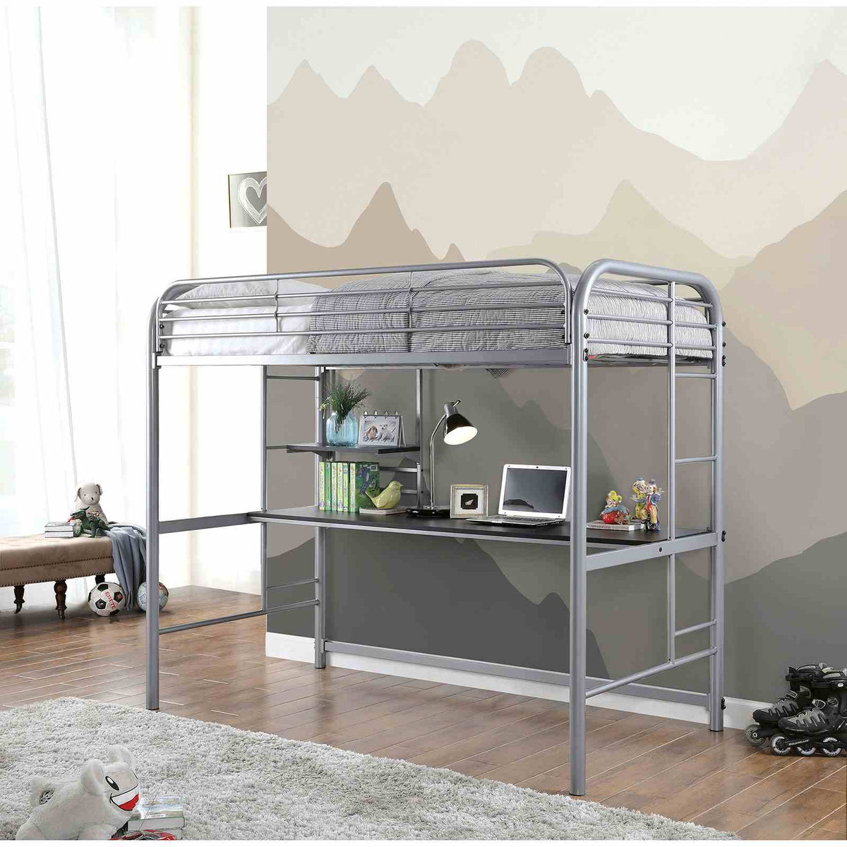 Opal III Twin Metal Loft Bed with Workstation - 