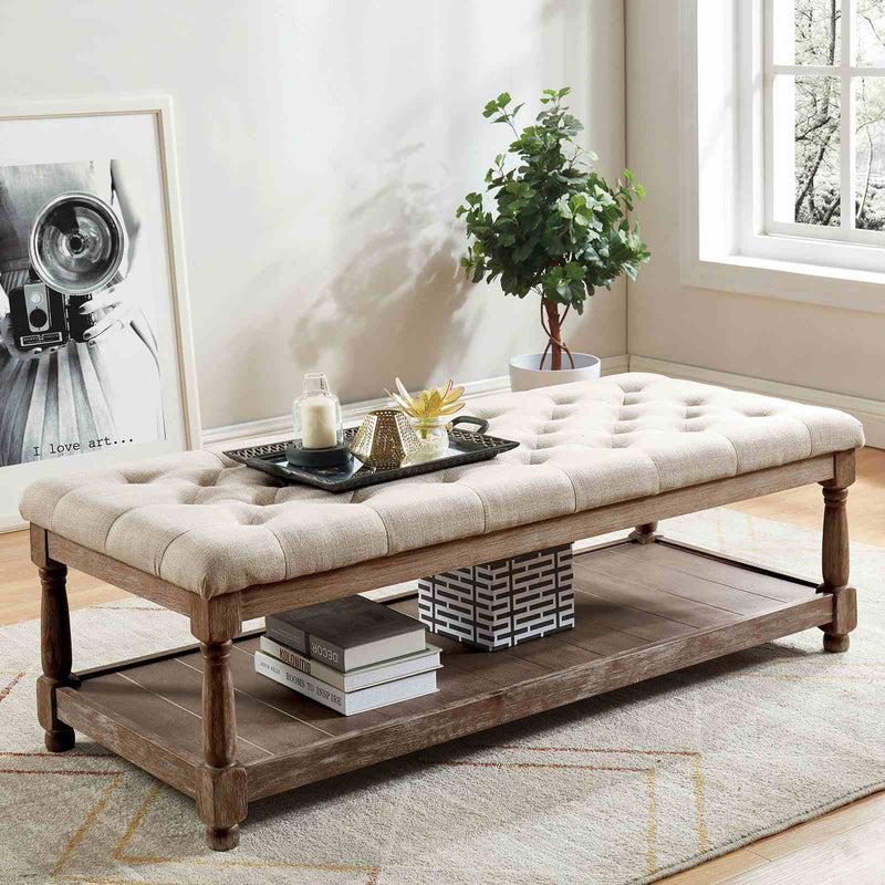 Tayah Rustic Button-Tufted Linen Bench with Open Bottom Shelf - Beige