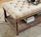 Tayah Rustic Button-Tufted Linen Bench with Open Bottom Shelf - Beige – Beige & Brown, view 2