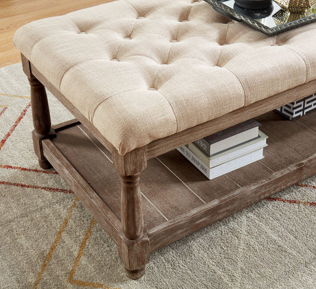 Tayah Rustic Button-Tufted Linen Bench with Open Bottom Shelf - Beige – Beige & Brown, view 2