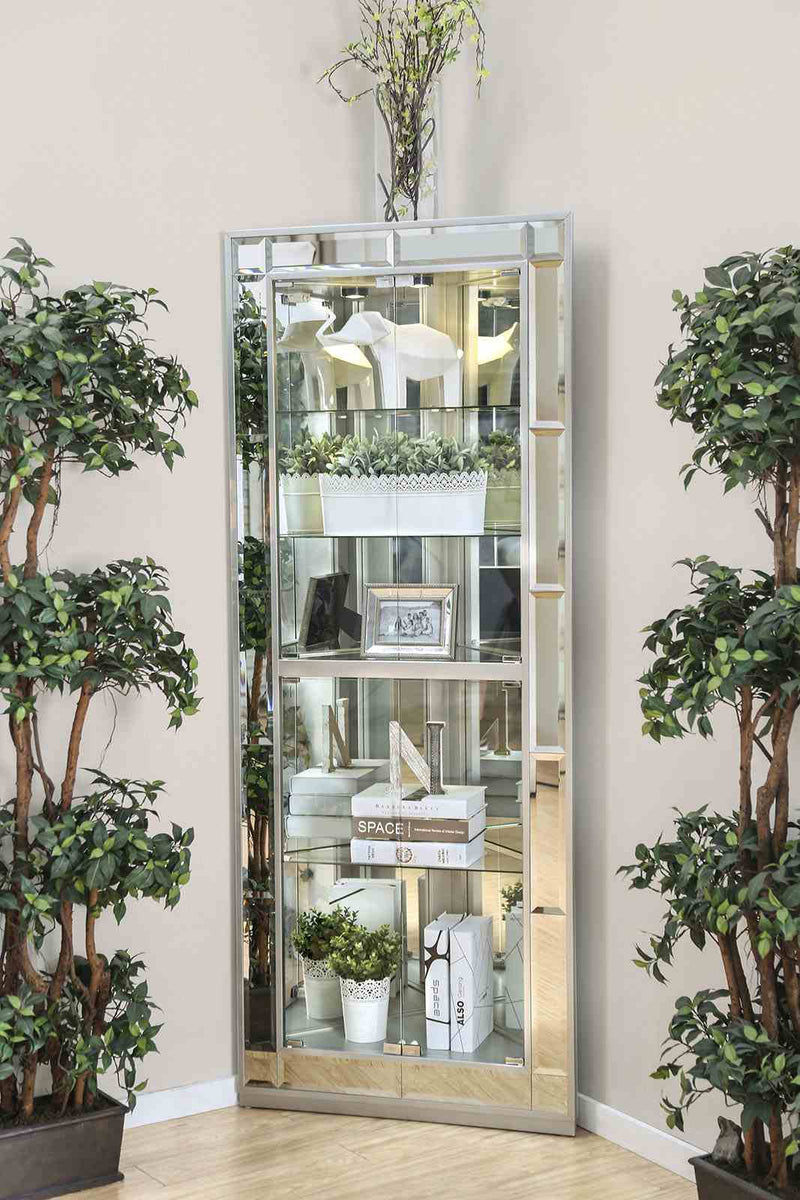 Chouteau Contemporary Curio Cabinet - Tempered Glass & Mirror Accents in Silver