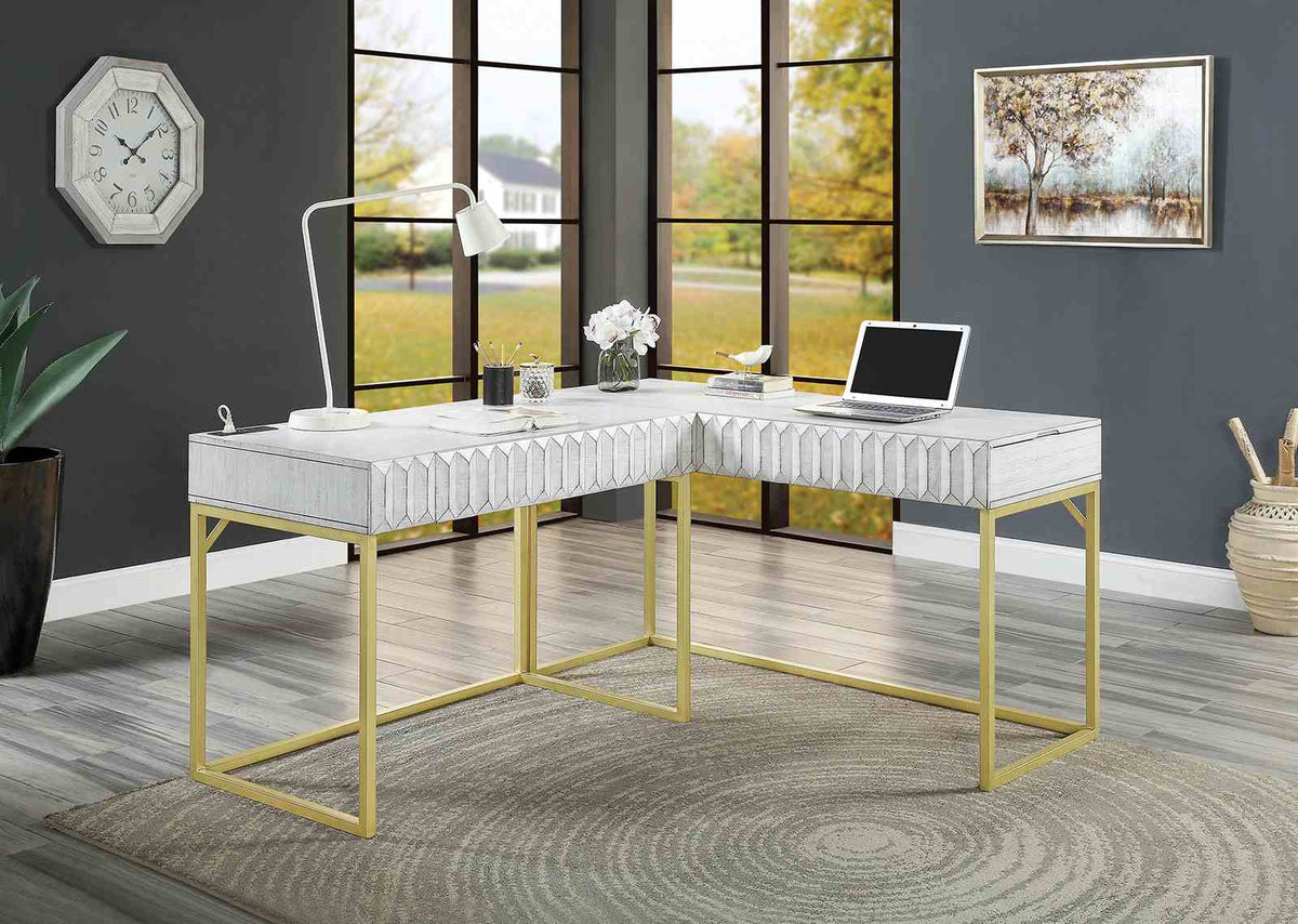 Freiburg Transitional Lift-Top Corner Desk with USB & Power - Gold Steel Frame in Antique White or Walnut – White & Brown, view 3