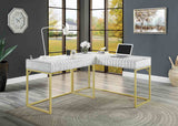 Freiburg Transitional Lift-Top Corner Desk with USB & Power - Gold Steel Frame in Antique White or Walnut – White & Brown, view 3