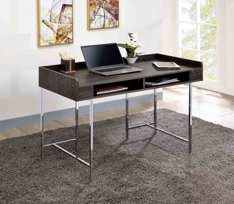 Alvin Contemporary Writing Desk with Drawer & USB Power Outlet - Brown Wood & Chrome Steel