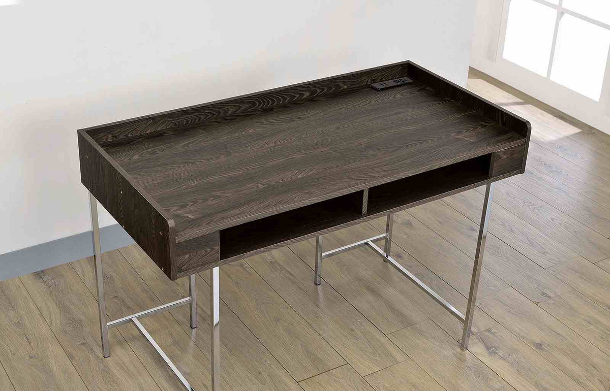 Alvin Contemporary Writing Desk with Drawer & USB Power Outlet - Brown Wood & Chrome Steel – Brown & Silver, view 2