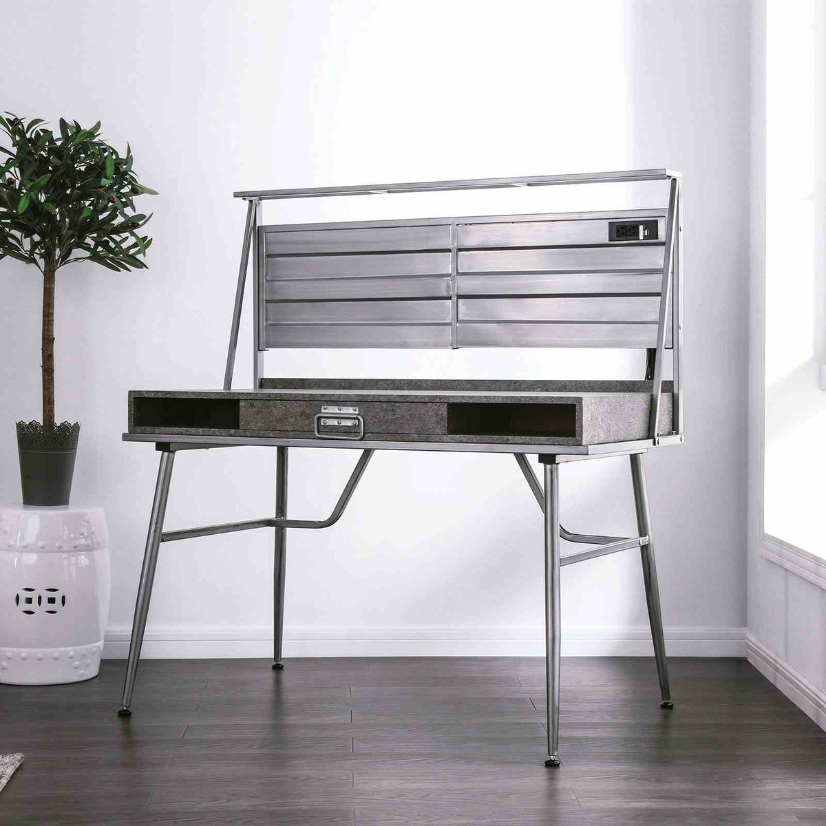 Mccredmond Industrial Metal Desk with USB, Drawer & Shelves