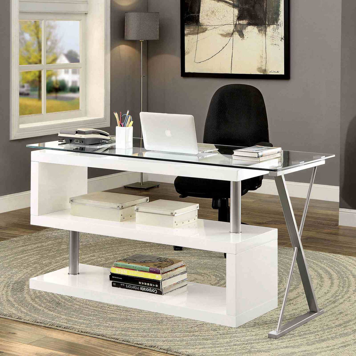 Acke Contemporary Computer Desk with Tempered Glass Top & S-Shaped Side Panel - Gray or White – Gray & White, view 5