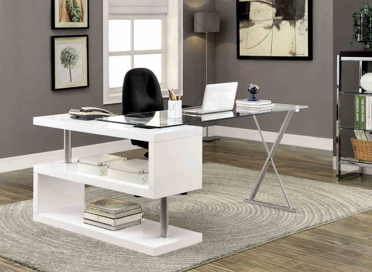 Acke Contemporary Computer Desk with Tempered Glass Top & S-Shaped Side Panel - White