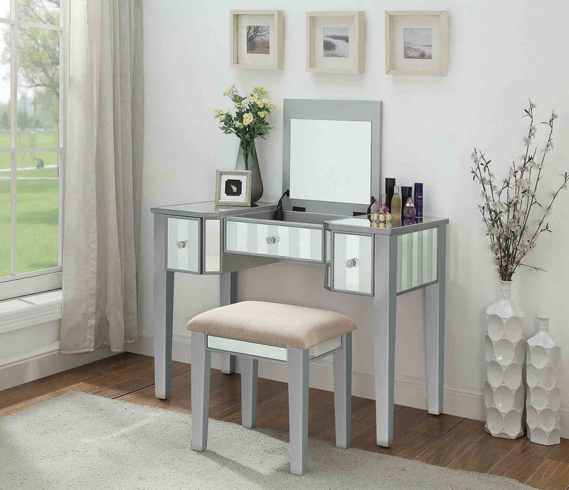 Joyce Transitional Vanity with Mirror & Padded Stool - Storage Drawers in Silver or White