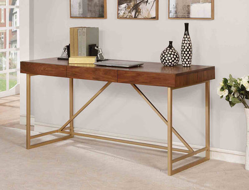 Halstein Contemporary 60" Writing Desk with Storage Drawers - Gold Metal Legs in Light Walnut