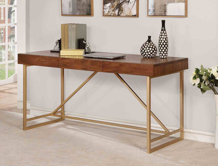 Halstein Contemporary 60" Writing Desk with Storage Drawers - Gold Metal Legs in Light Walnut