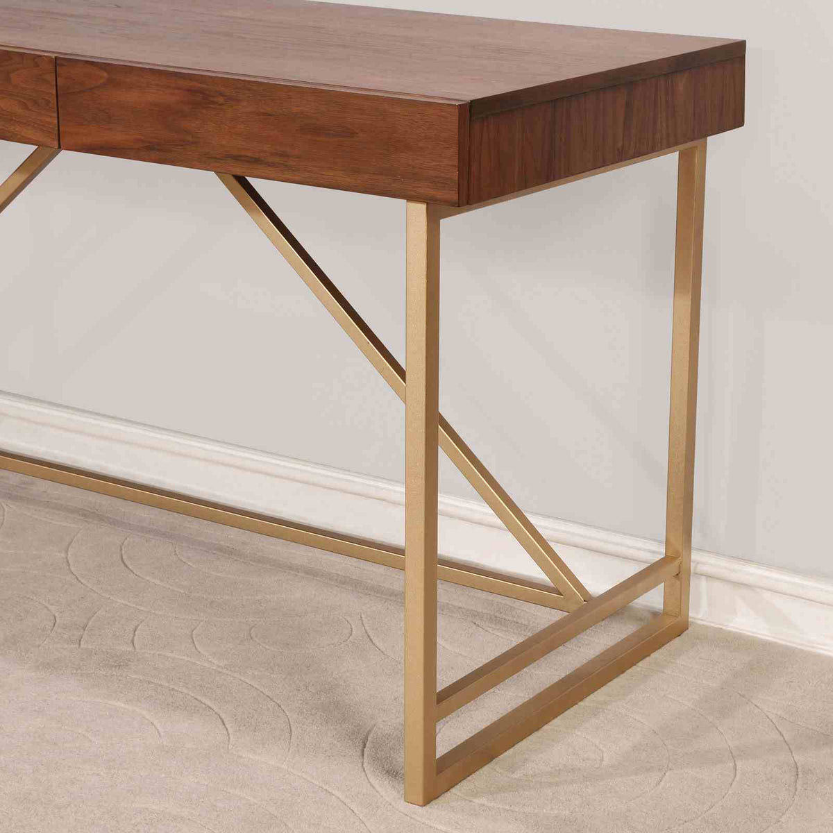 Halstein Contemporary 60" Writing Desk with Storage Drawers - Gold Metal Legs in Light Walnut – Brown & Gold, view 3