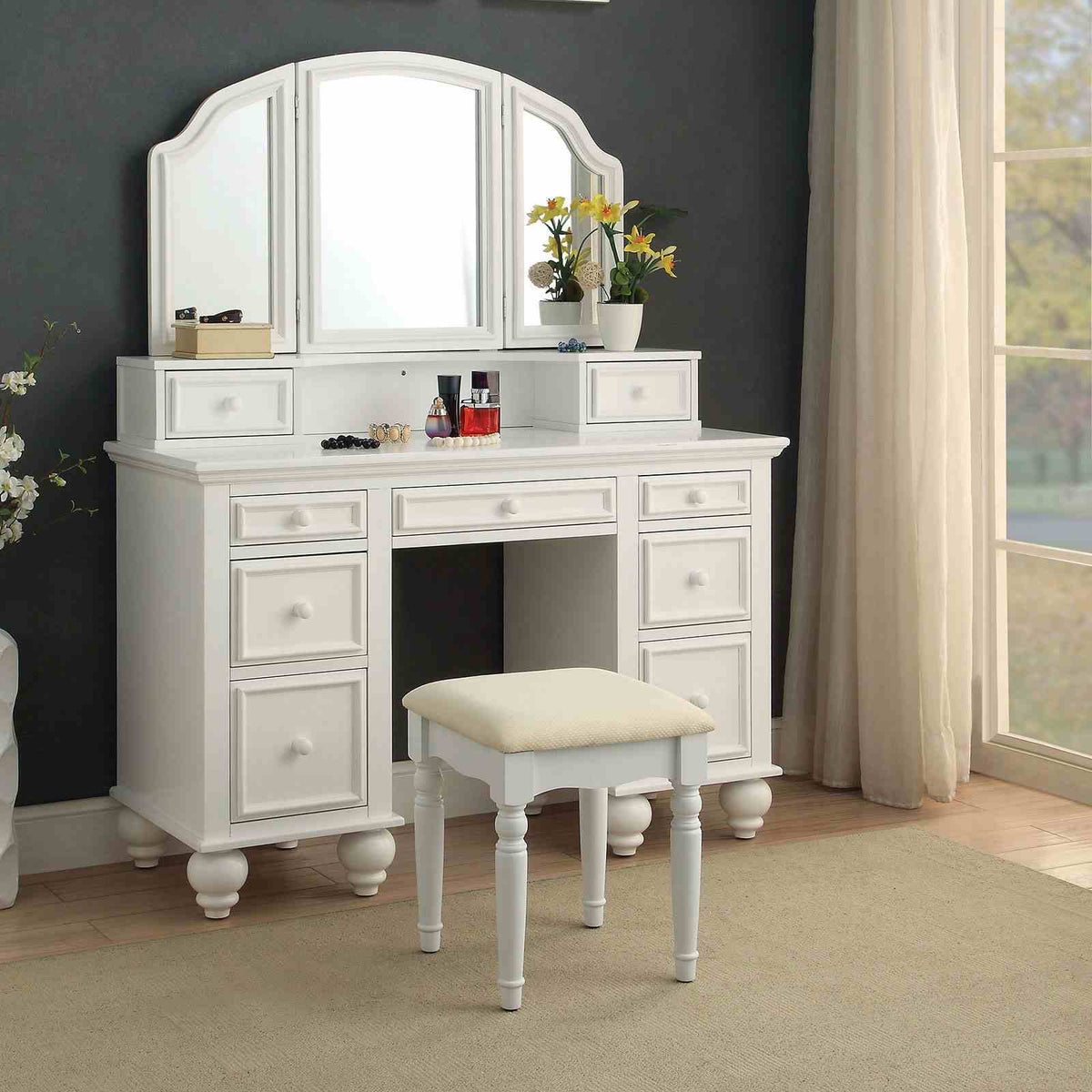 Athy Transitional Vanity Set with Stool - White