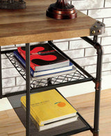 Olga Industrial Desk with Wire Shelving & Caster Wheel Accents - Antique Black Metal – Black & Brown, view 3
