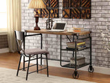 Olga Industrial Desk with Wire Shelving & Caster Wheel Accents - Antique Black Metal – Black & Brown, view 2