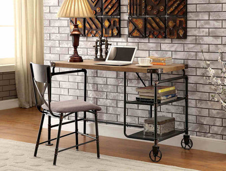 Olga Industrial Desk with Wire Shelving & Caster Wheel Accents - Antique Black Metal – Black & Brown, view 2